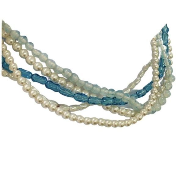 Womens Blue Tan Beaded Faux Pearl 5 Tier Silver Princess Vintage Necklace 18” - Picture 4 of 8